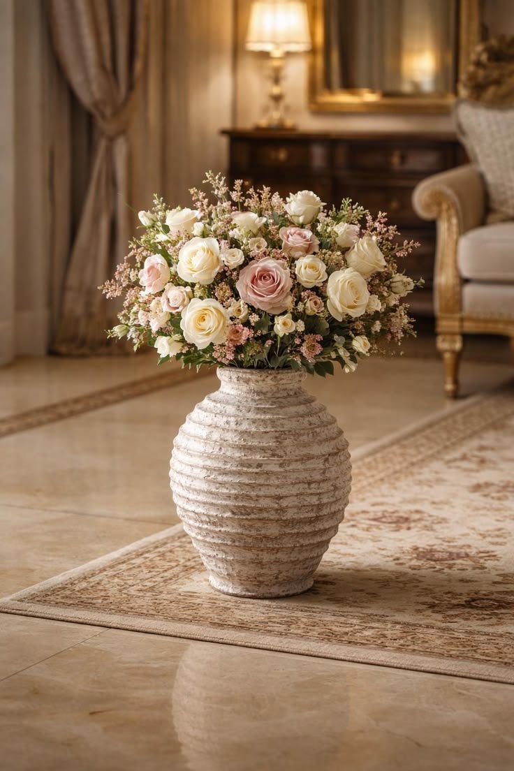 Vintage Textured Ceramic Floor Vase with Floral Arrangement